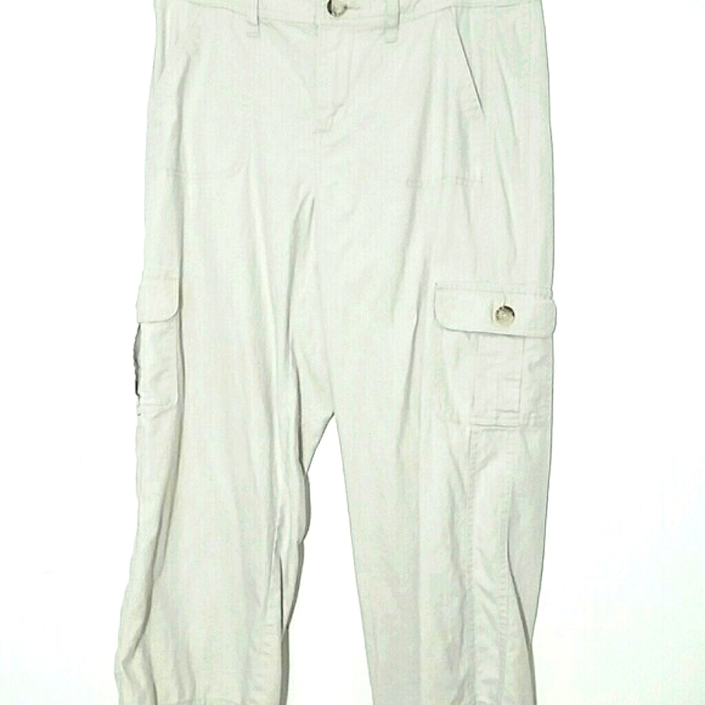 Pants Cargo Cropped tan khaki 6 pocket straight leg Boho Coastal Relaxed Casual